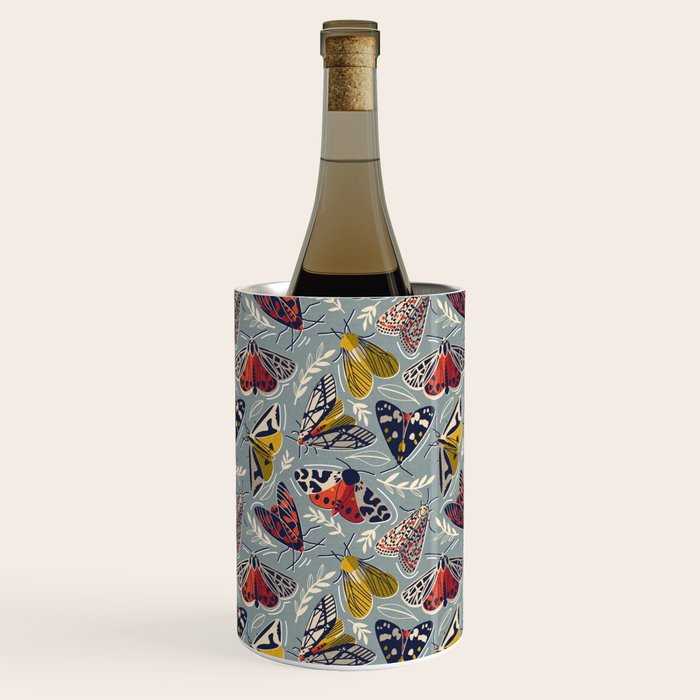 Quirky beautiful moths // morning blue textured background oxford navy blue ivory yellow and red tiger moth insects Wine Chiller Gallery Image 1