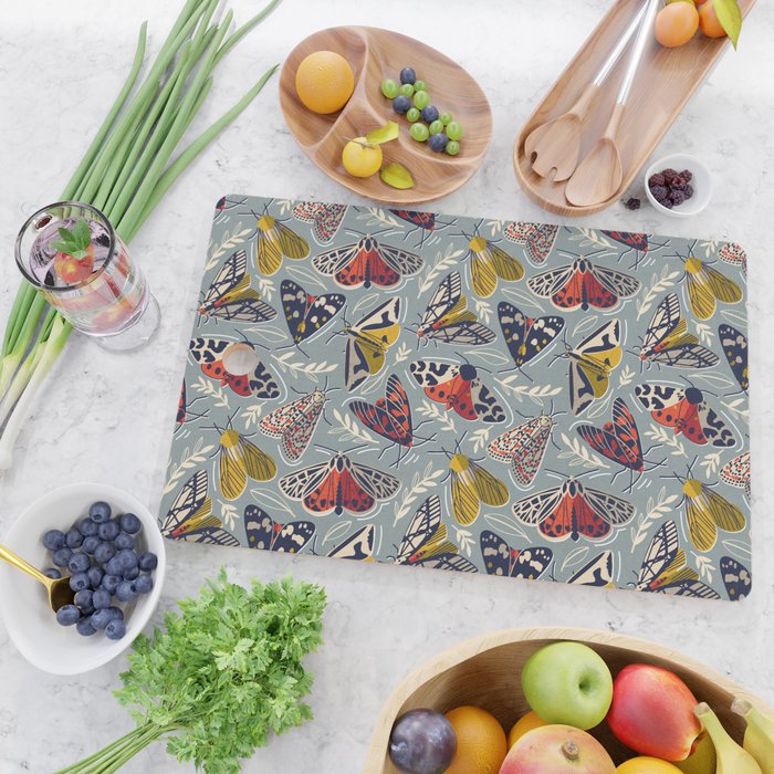Quirky beautiful moths // morning blue textured background oxford navy blue ivory yellow and red tiger moth insects Cutting Board Gallery Image 2