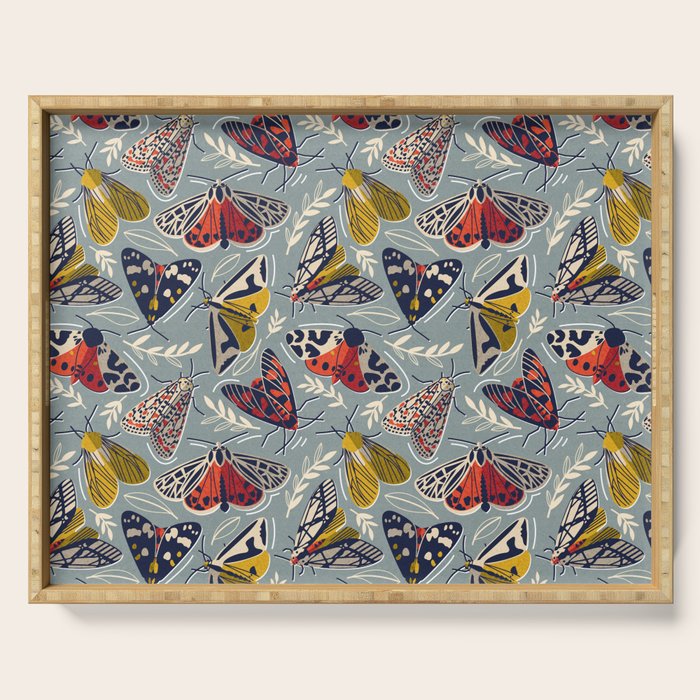 Quirky beautiful moths // morning blue textured background oxford navy blue ivory yellow and red tiger moth insects Serving Tray Gallery Image 1