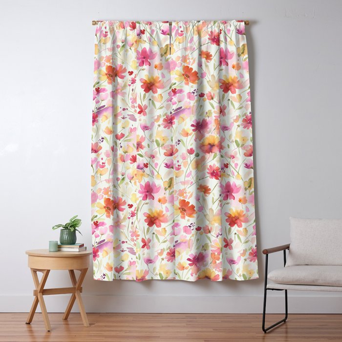 Natural Haze Spring Meadow Cosmos Wildflowers Magenta Red Yellow Window Curtain