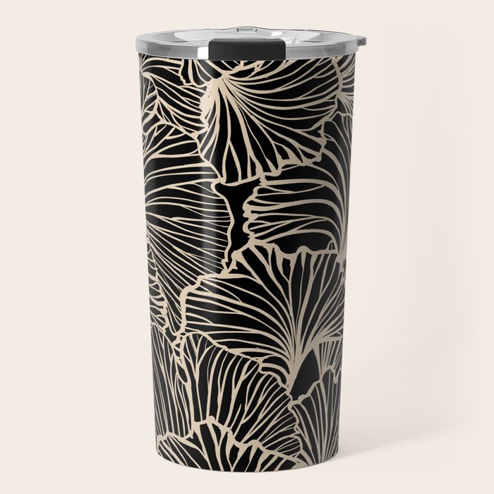 Decorative Leaf Pattern, Floral Prints, Cream and Black Travel Mug Gallery Image 1