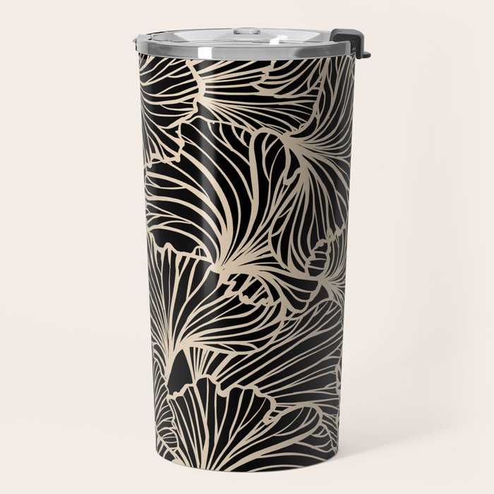 Decorative Leaf Pattern, Floral Prints, Cream and Black Travel Mug Gallery Image 2