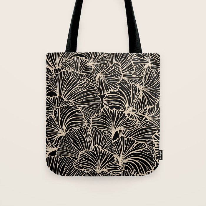 Decorative Leaf Pattern, Floral Prints, Cream and Black Tote Bag Gallery Image 1