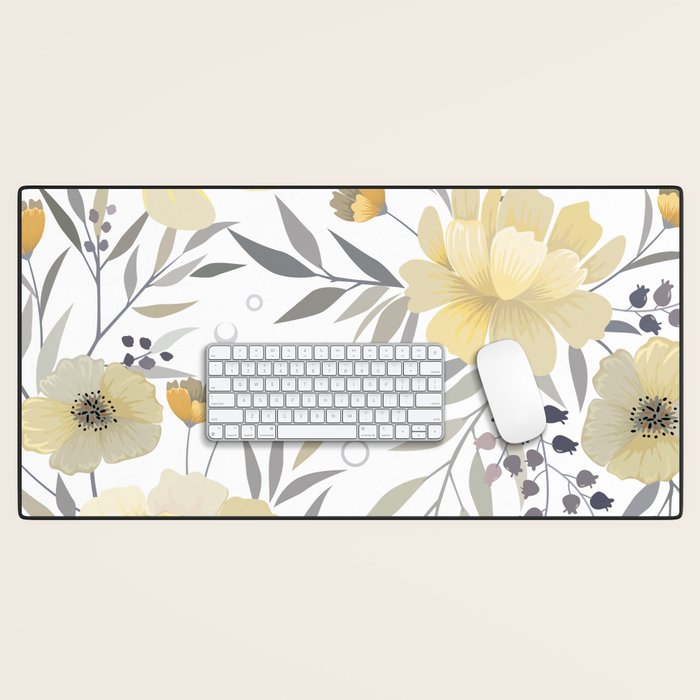 Modern, Floral Prints, Yellow, Gray and White Desk Mat Gallery Image 1
