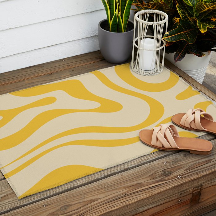 Retro Modern Liquid Swirl Abstract Pattern in Yellow Tones Outdoor Rug Gallery Image 2