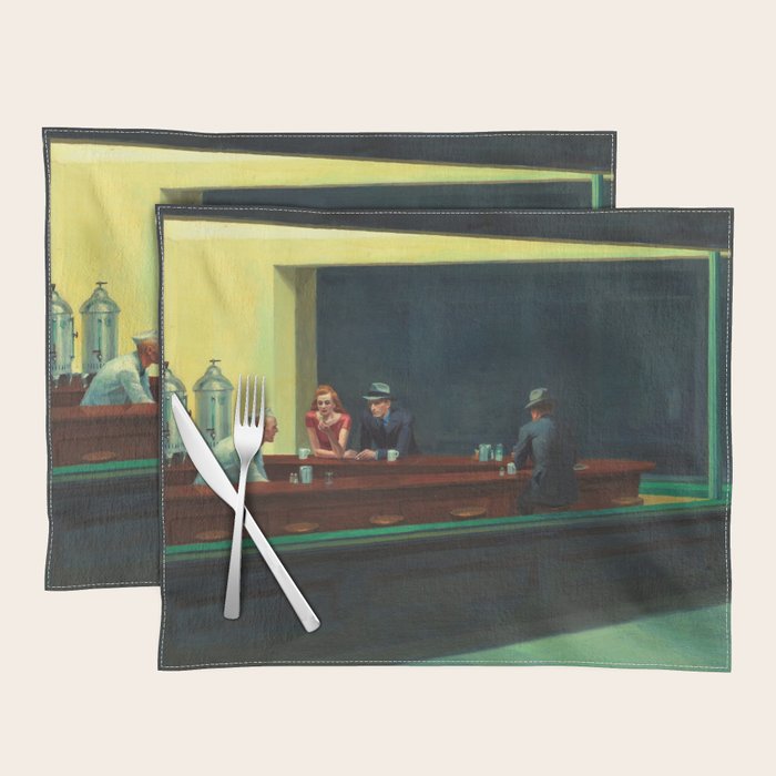 NIGHTHAWKS downtown diner late at night iconic cityscape oil on canvas painting by Edward Hopper Placemat Gallery Image 1