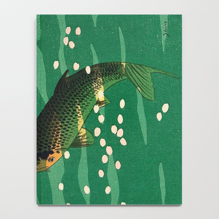 Vintage Japanese Woodblock Print Asian Art Koi Pond Fish Turquoise Green Water Cherry Blossom Notebook Gallery Image 4