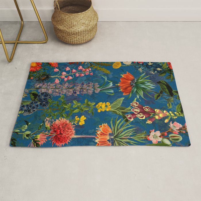 Vintage & Shabby Chic - Blue Midnight Spring Botancial Flower Garden Rug Gallery Image 1