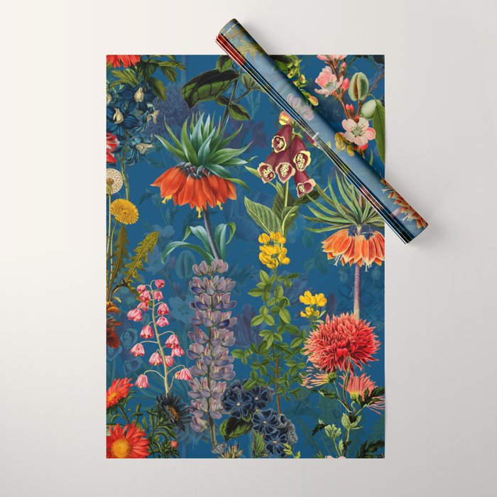 Vintage & Shabby Chic - Blue Midnight Spring Botancial Flower Garden Wrapping Paper Gallery Image 1