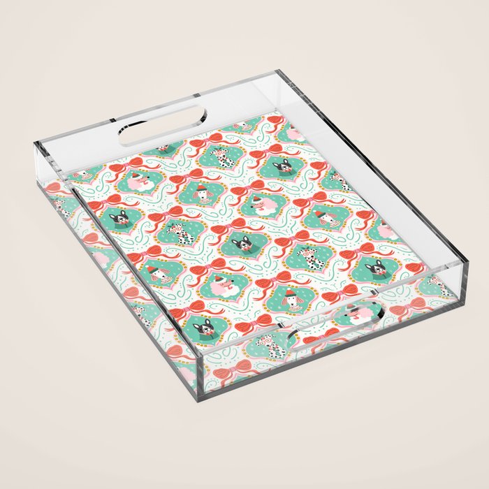 Christmas Dogs Festive Furry Holiday Ornaments Damask Pastel Green Acrylic Tray Gallery Image 1