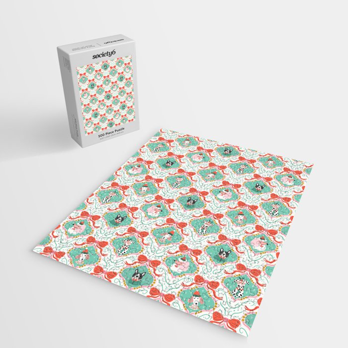 Christmas Dogs Festive Furry Holiday Ornaments Damask Pastel Green Jigsaw Puzzle Gallery Image 2