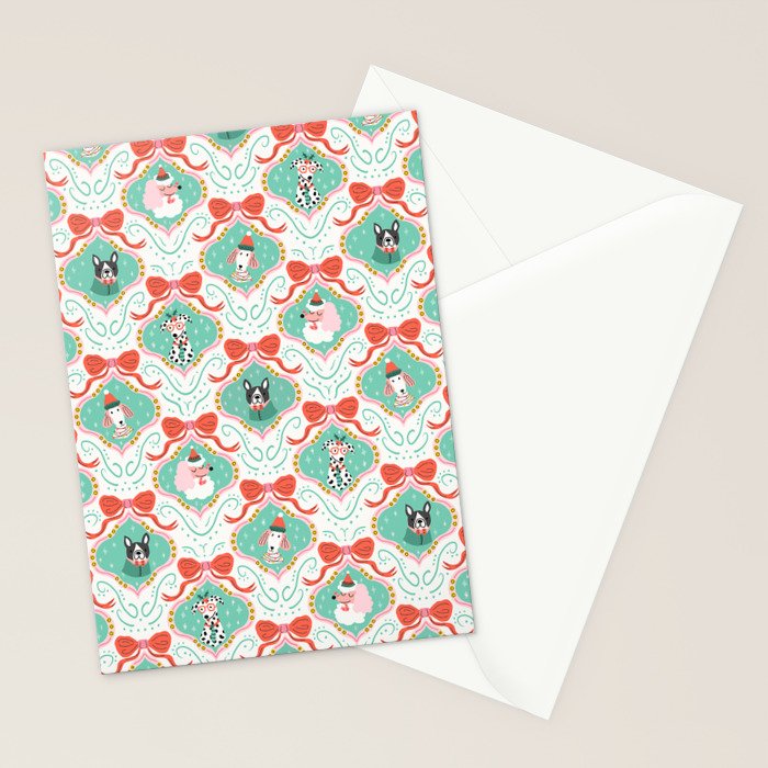 Christmas Dogs Festive Furry Holiday Ornaments Damask Pastel Green Stationery Card Gallery Image 2