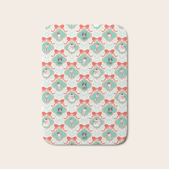 Christmas Dogs Festive Furry Holiday Ornaments Damask Pastel Green Bath Mat Gallery Image 1