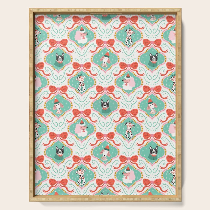 Christmas Dogs Festive Furry Holiday Ornaments Damask Pastel Green Serving Tray Gallery Image 1