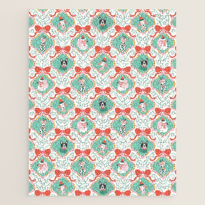 Christmas Dogs Festive Furry Holiday Ornaments Damask Pastel Green Jigsaw Puzzle Gallery Image 1