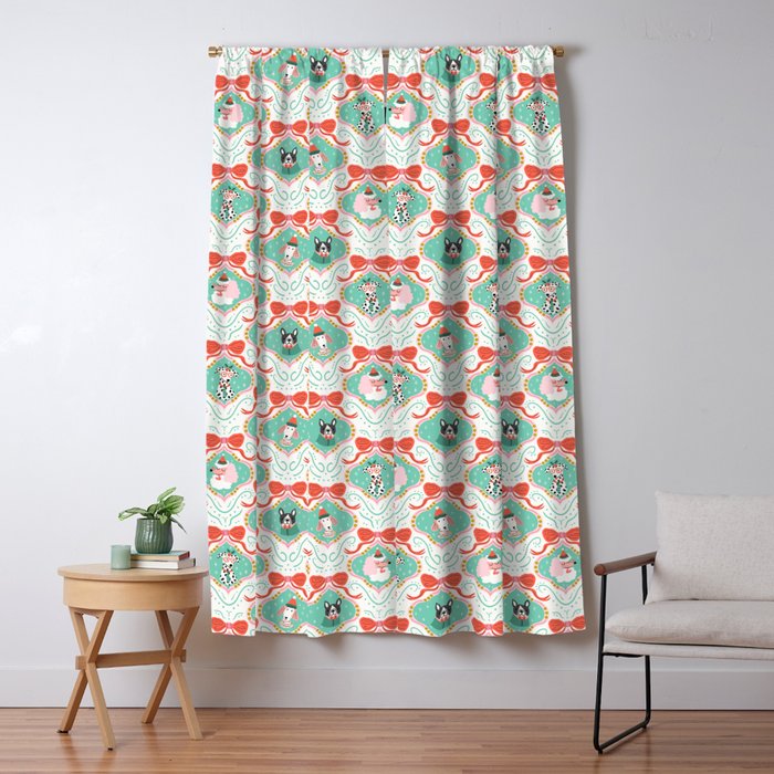 Christmas Dogs Festive Furry Holiday Ornaments Damask Pastel Green Window Curtain Gallery Image 5