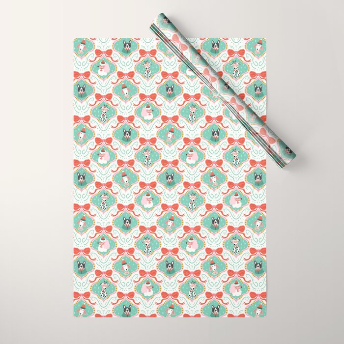 Christmas Dogs Festive Furry Holiday Ornaments Damask Pastel Green Wrapping Paper Gallery Image 1
