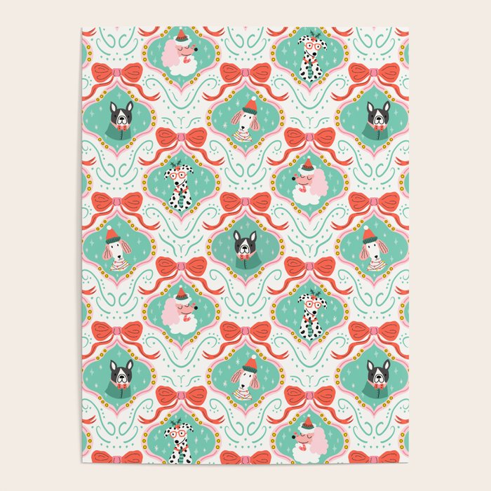 Christmas Dogs Festive Furry Holiday Ornaments Damask Pastel Green Poster Gallery Image 1