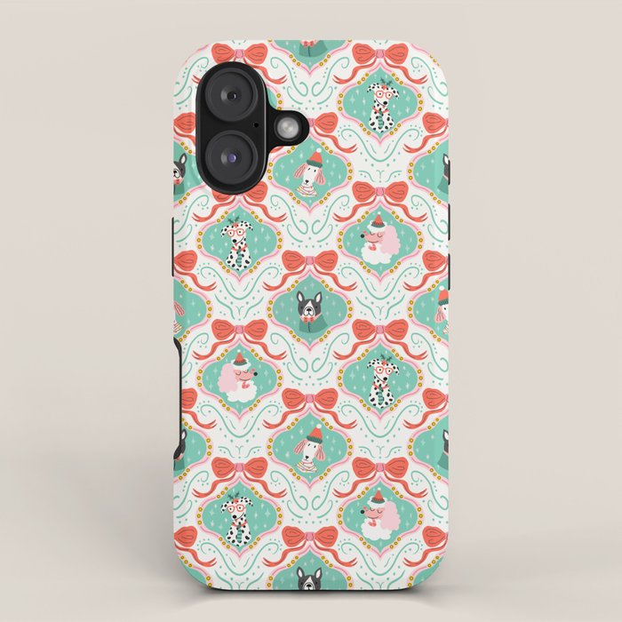 Christmas Dogs Festive Furry Holiday Ornaments Damask Pastel Green iPhone Case Gallery Image 1