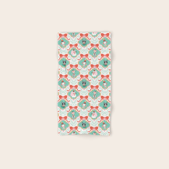 Christmas Dogs Festive Furry Holiday Ornaments Damask Pastel Green Bath Towel Gallery Image 1