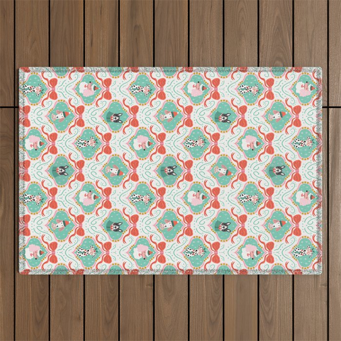 Christmas Dogs Festive Furry Holiday Ornaments Damask Pastel Green Outdoor Rug Gallery Image 1