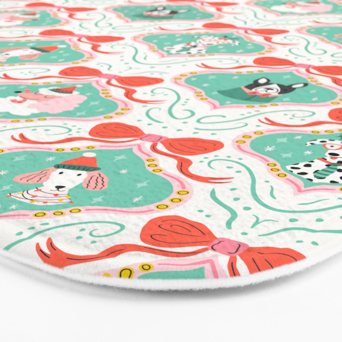 Christmas Dogs Festive Furry Holiday Ornaments Damask Pastel Green Bath Mat Gallery Image 3