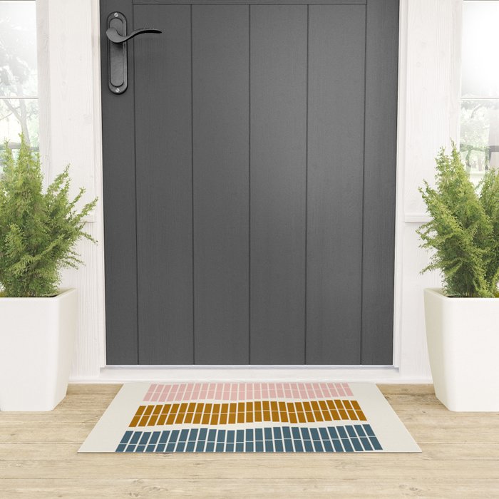 Minimalist Wavy Geometric Pattern in Pink, Gold, and Blue Welcome Mat Gallery Image 3