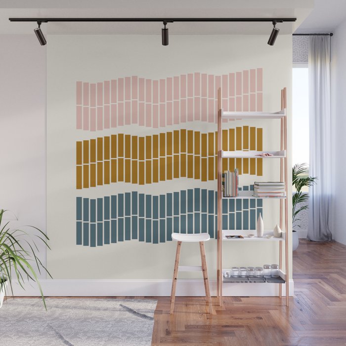 Minimalist Wavy Geometric Pattern in Pink, Gold, and Blue Wall Mural Gallery Image 1