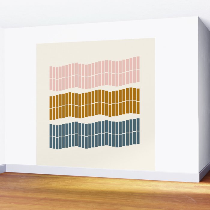 Minimalist Wavy Geometric Pattern in Pink, Gold, and Blue Wall Mural Gallery Image 2