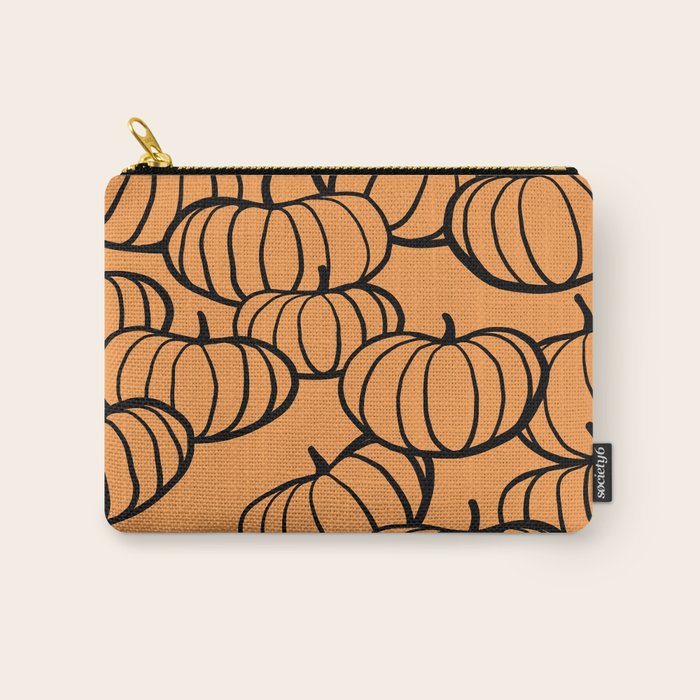 Minimal Retro Line-art Pumpkin Pattern - Black on Orange Carry All Pouch Gallery Image 1