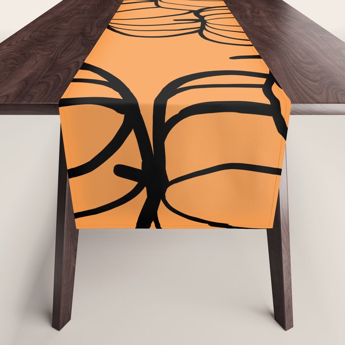 Minimal Retro Line-art Pumpkin Pattern - Black on Orange Table Runner Gallery Image 1