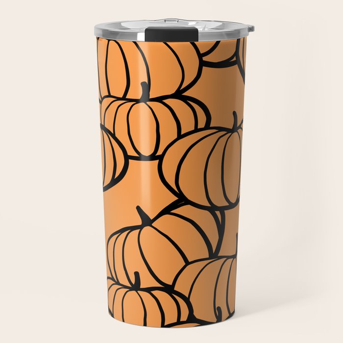 Minimal Retro Line-art Pumpkin Pattern - Black on Orange Travel Mug Gallery Image 1