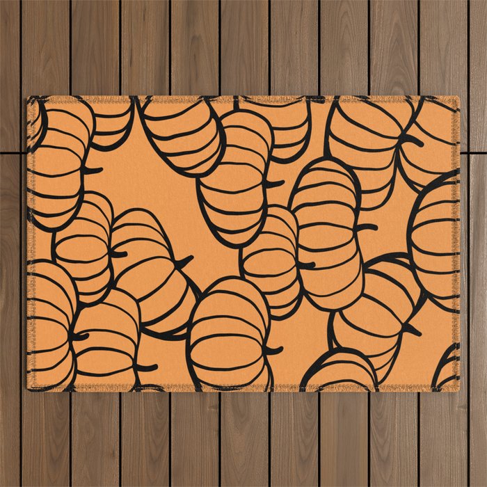 Minimal Retro Line-art Pumpkin Pattern - Black on Orange Outdoor Rug Gallery Image 1