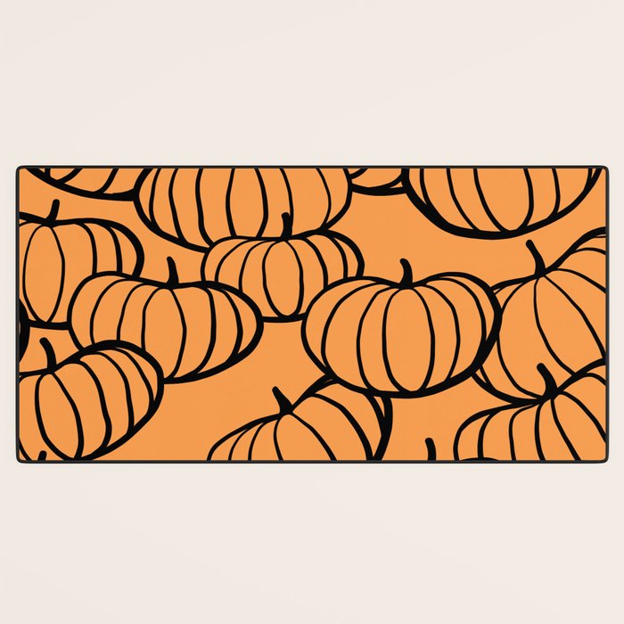 Minimal Retro Line-art Pumpkin Pattern - Black on Orange Desk Mat Gallery Image 3