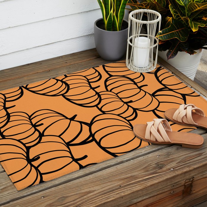Minimal Retro Line-art Pumpkin Pattern - Black on Orange Outdoor Rug Gallery Image 2