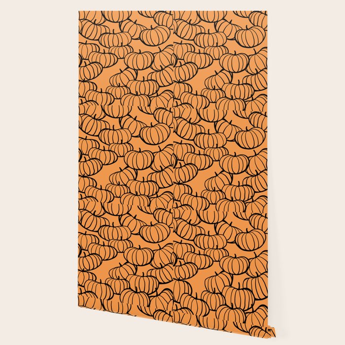 Minimal Retro Line-art Pumpkin Pattern - Black on Orange Wallpaper Gallery Image 2