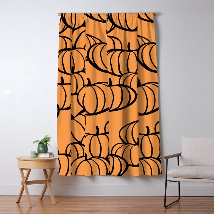 Minimal Retro Line-art Pumpkin Pattern - Black on Orange Window Curtain Gallery Image 5