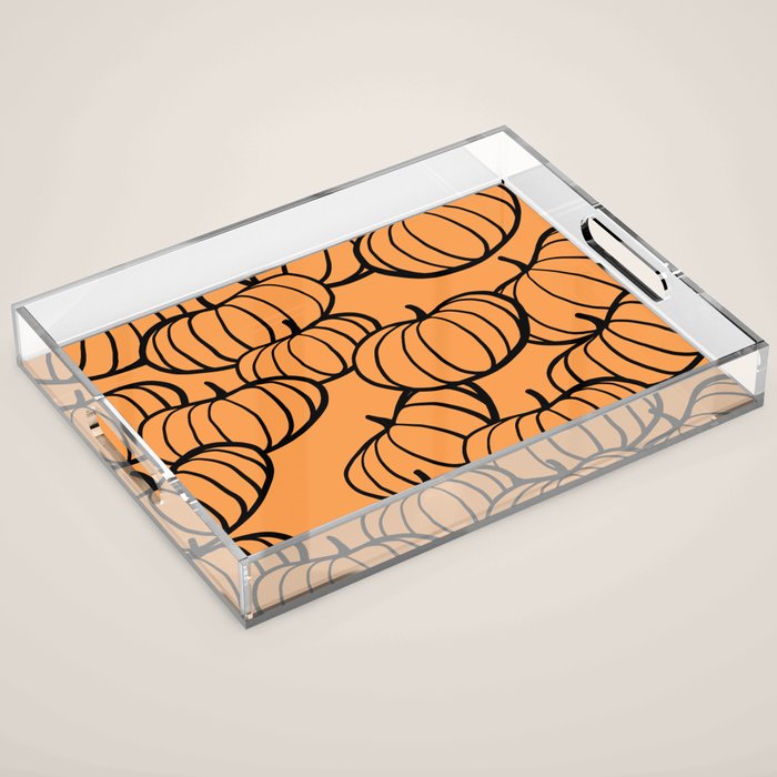 Minimal Retro Line-art Pumpkin Pattern - Black on Orange Acrylic Tray Gallery Image 1