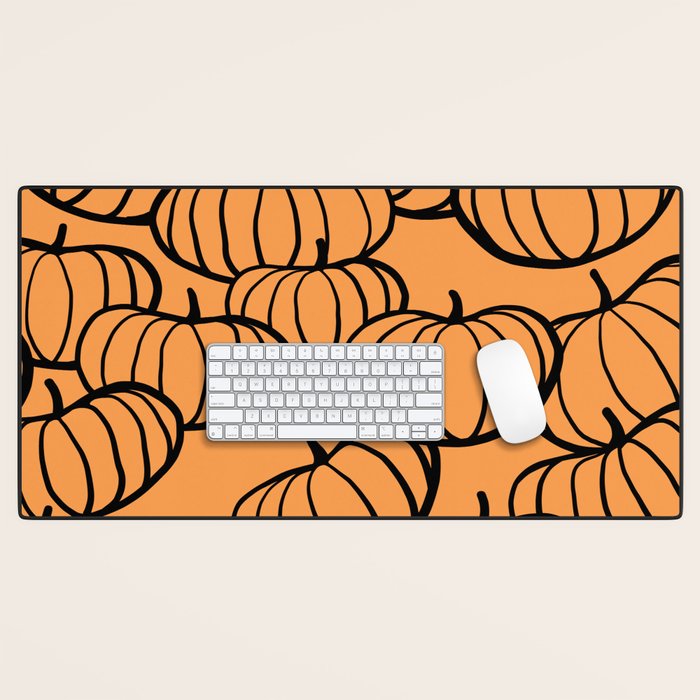 Minimal Retro Line-art Pumpkin Pattern - Black on Orange Desk Mat Gallery Image 1