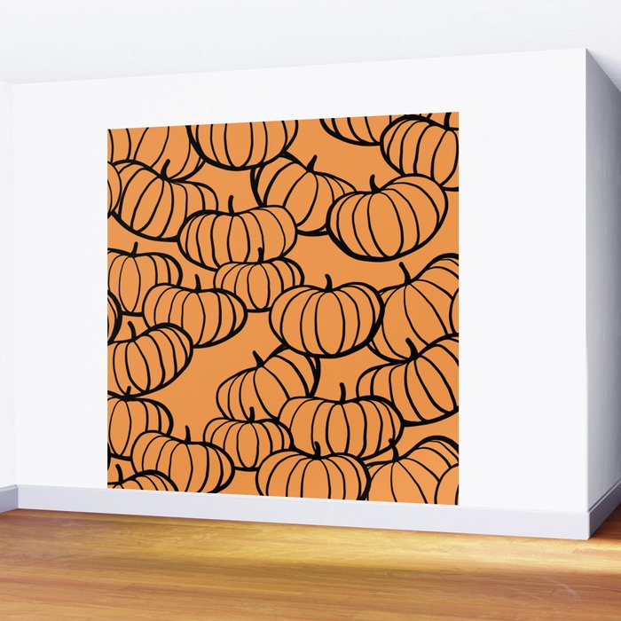 Minimal Retro Line-art Pumpkin Pattern - Black on Orange Wall Mural Gallery Image 2