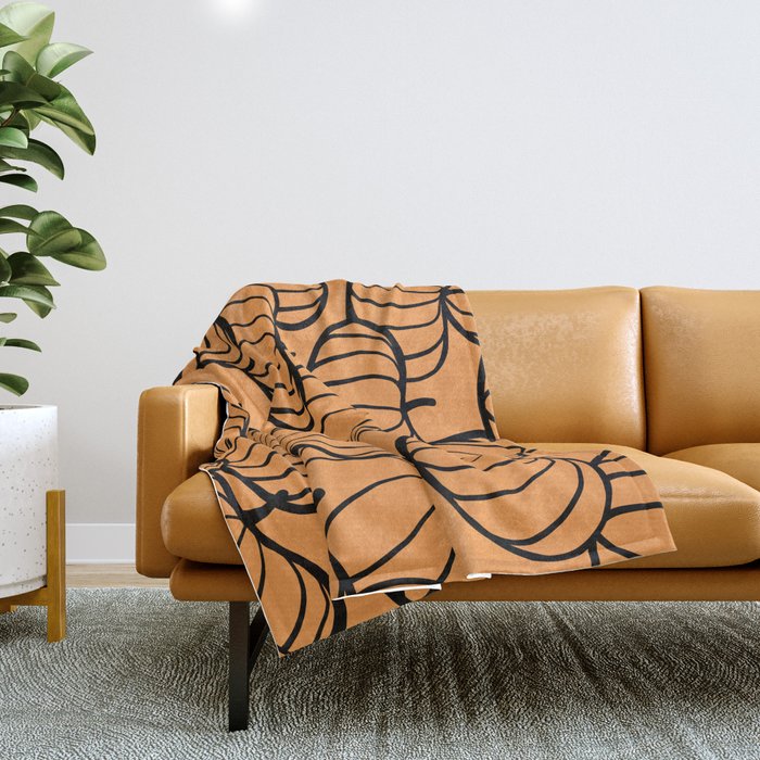 Minimal Retro Line-art Pumpkin Pattern - Black on Orange Throw Blanket Gallery Image 1