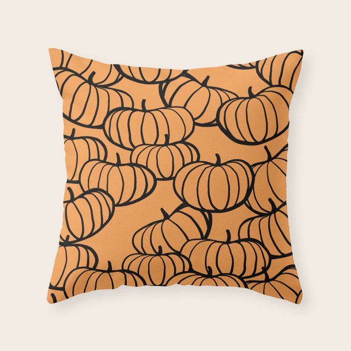 Minimal Retro Line-art Pumpkin Pattern - Black on Orange Throw Pillow Gallery Image 6