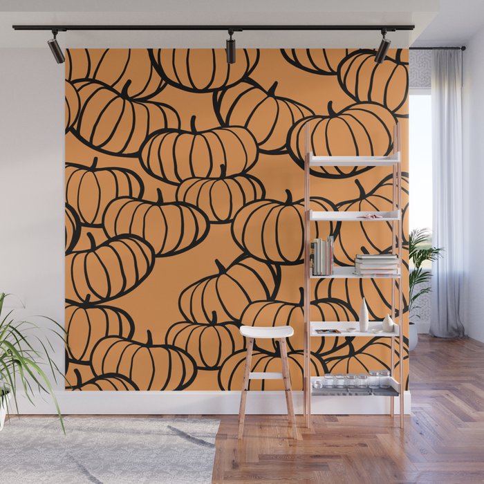 Minimal Retro Line-art Pumpkin Pattern - Black on Orange Wall Mural Gallery Image 1