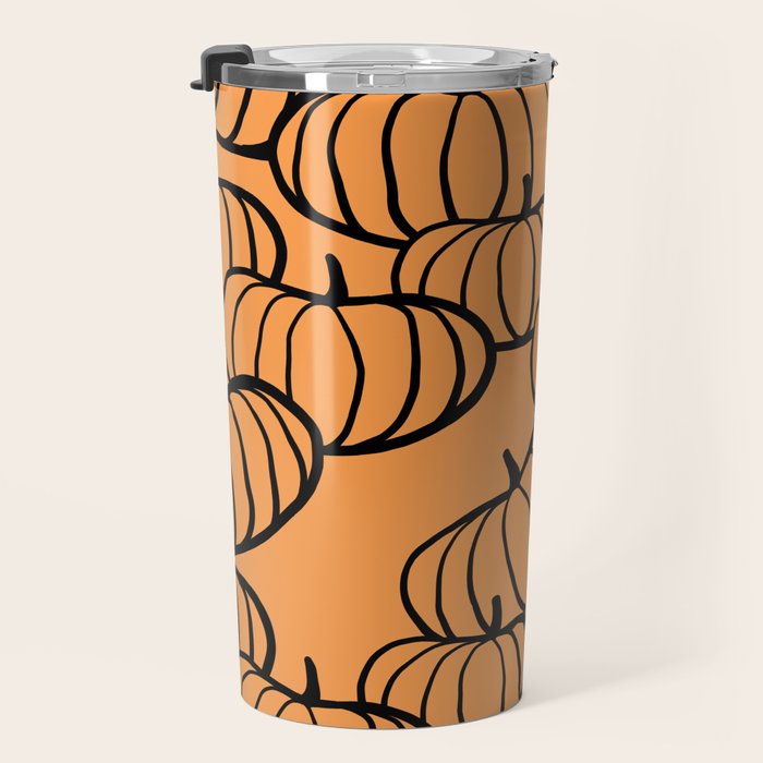 Minimal Retro Line-art Pumpkin Pattern - Black on Orange Travel Mug Gallery Image 3