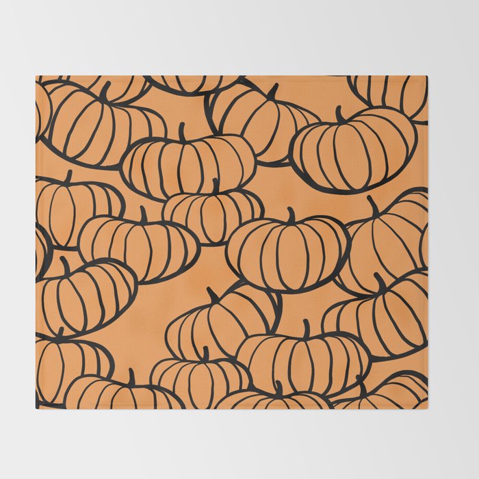 Minimal Retro Line-art Pumpkin Pattern - Black on Orange Throw Blanket Gallery Image 2