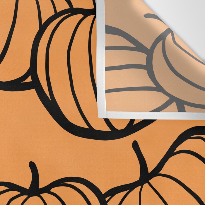 Minimal Retro Line-art Pumpkin Pattern - Black on Orange Wall Tapestry Gallery Image 3