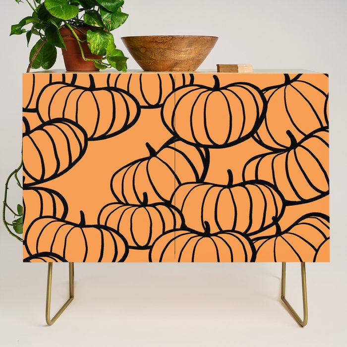 Minimal Retro Line-art Pumpkin Pattern - Black on Orange Credenza Gallery Image 1