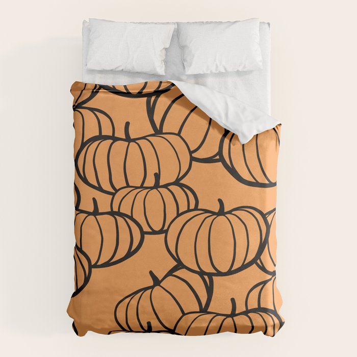 Minimal Retro Line-art Pumpkin Pattern - Black on Orange Duvet Cover Gallery Image 1