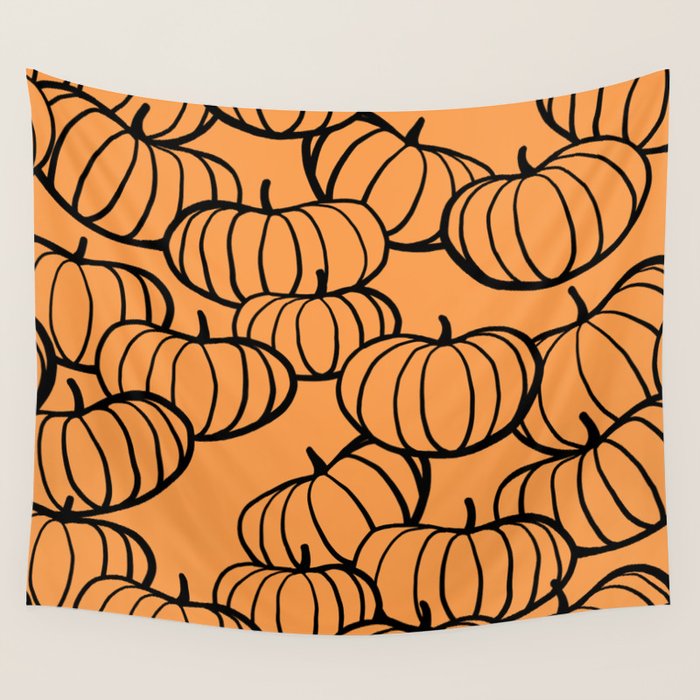 Minimal Retro Line-art Pumpkin Pattern - Black on Orange Wall Tapestry Gallery Image 1