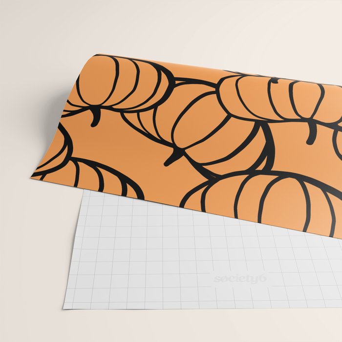 Minimal Retro Line-art Pumpkin Pattern - Black on Orange Wrapping Paper Gallery Image 2